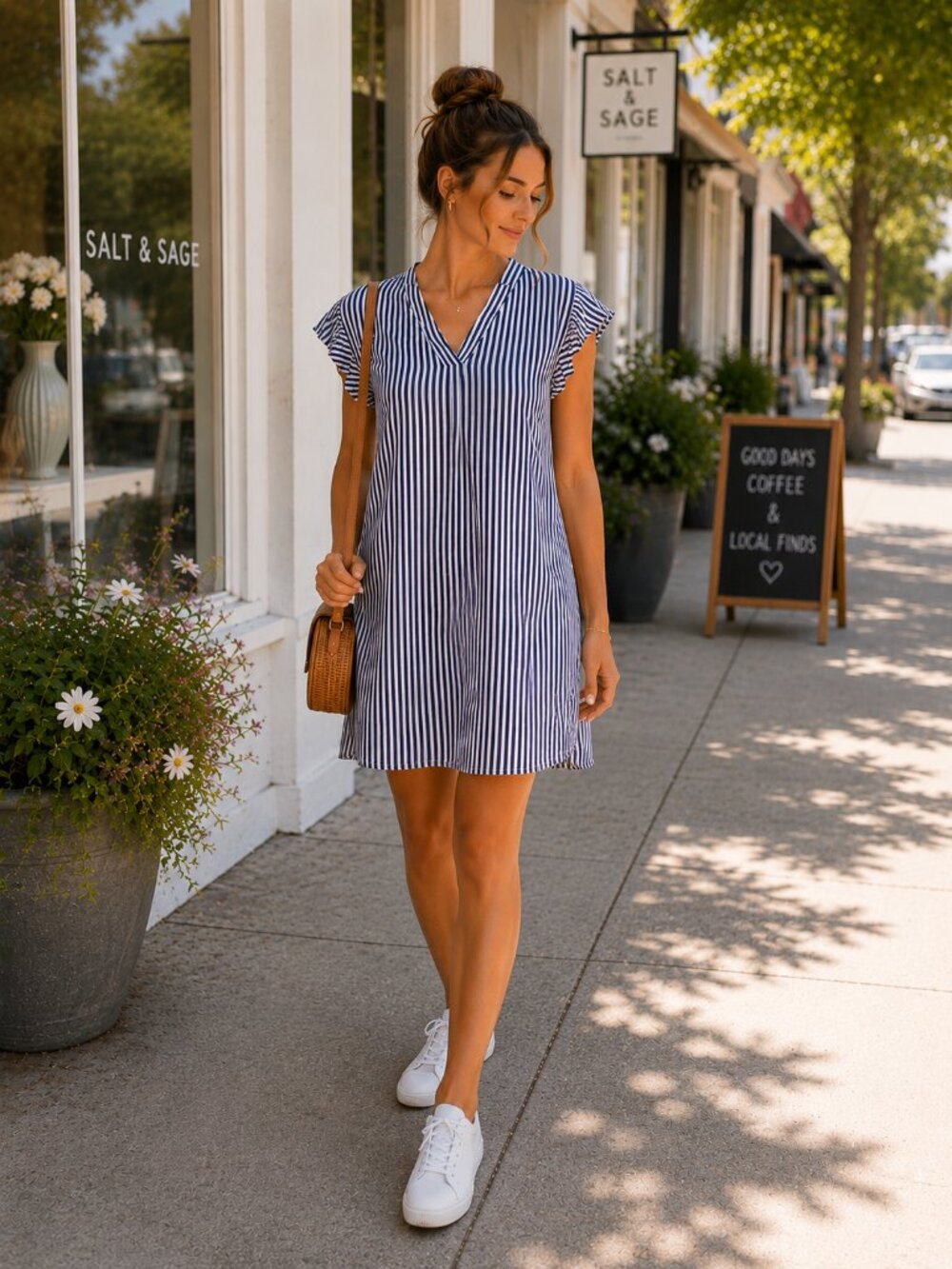 Striped V-Neck Shift Dress - Navy & White